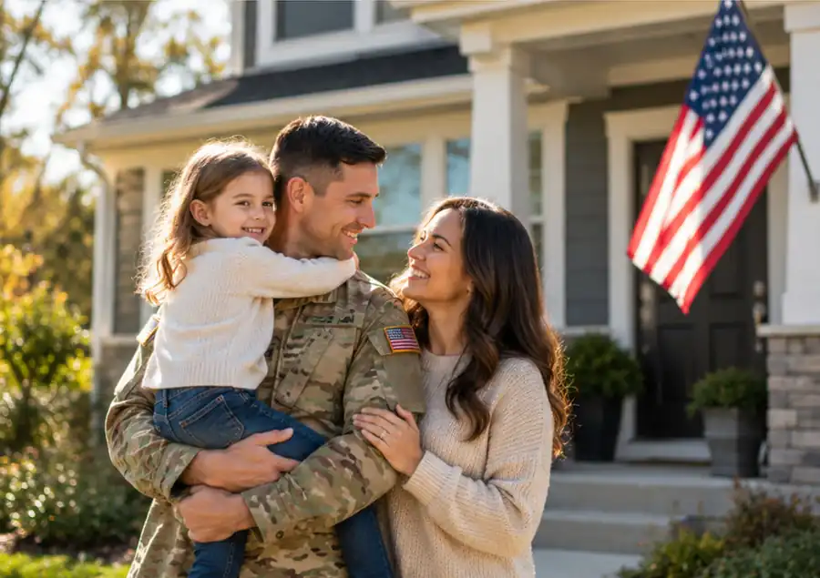 Illustration of a service member with his family outside their home with an American flag
